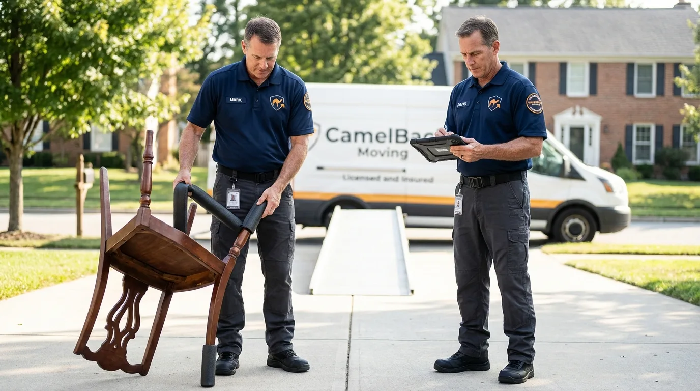 Movers inspecting furniture for damage prevention before loading in Lakeside, MT